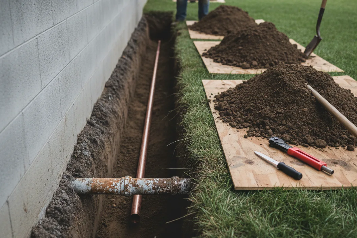 Excavated water line trench during Sewer Line Repair in Church Creek